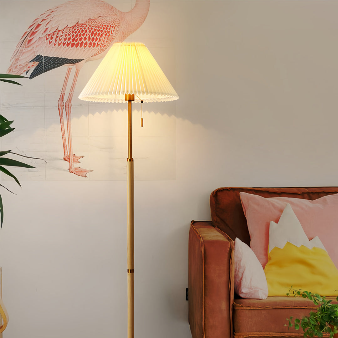 Sculptural Wooden Floor Lamp with Pleated Fabric Shade