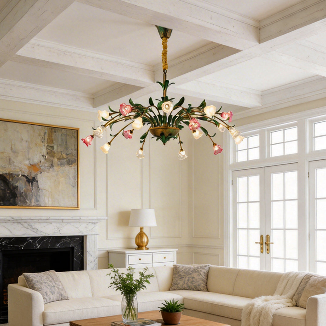 Vintage French Country Floral Iron Chandelier with Glass Shades