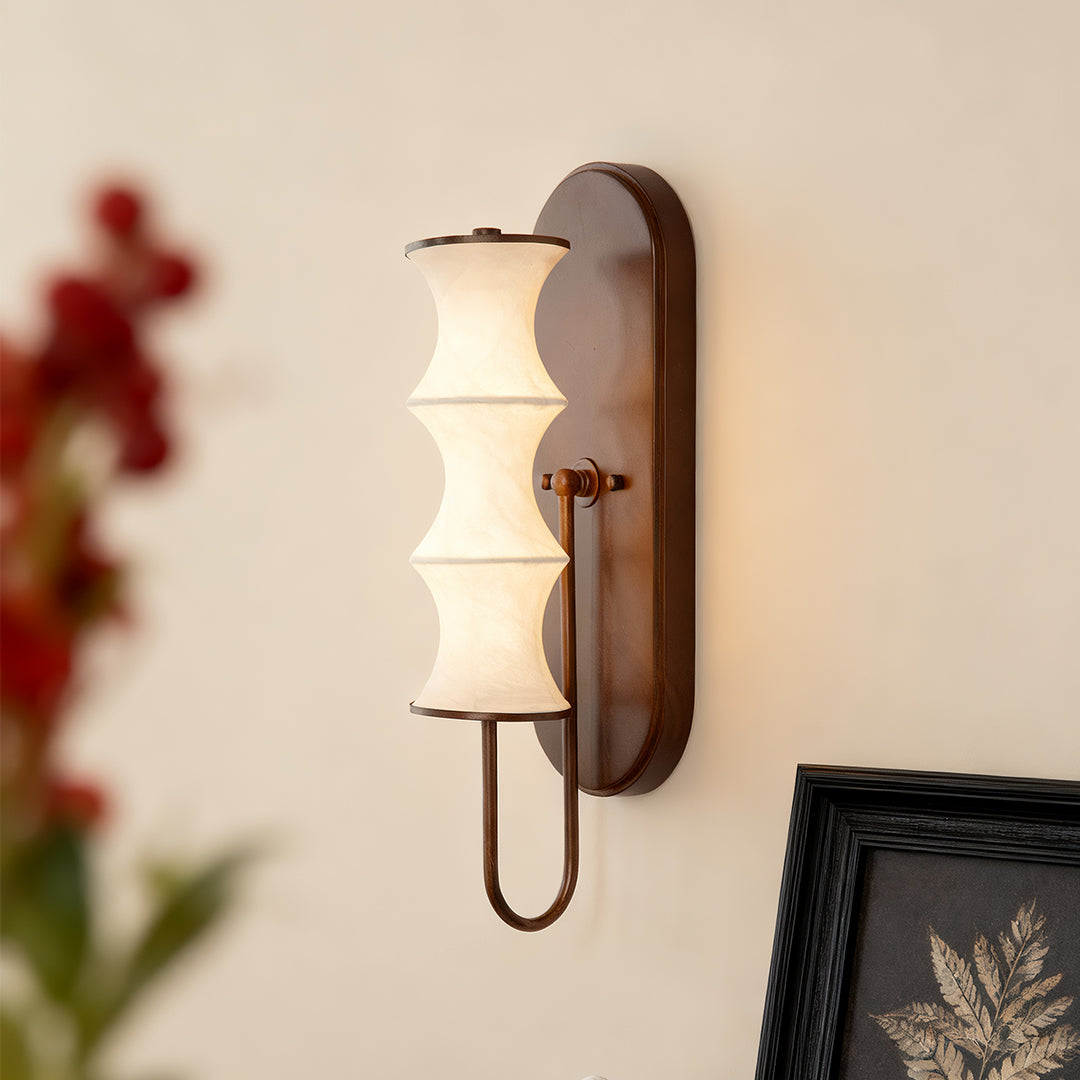 French Vintage Bamboo Silk Wall Sconce with Walnut Metal Accents