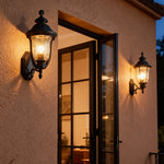 Rustic Outdoor Wall Sconce with Clear Glass Shade in Coffee Aluminum