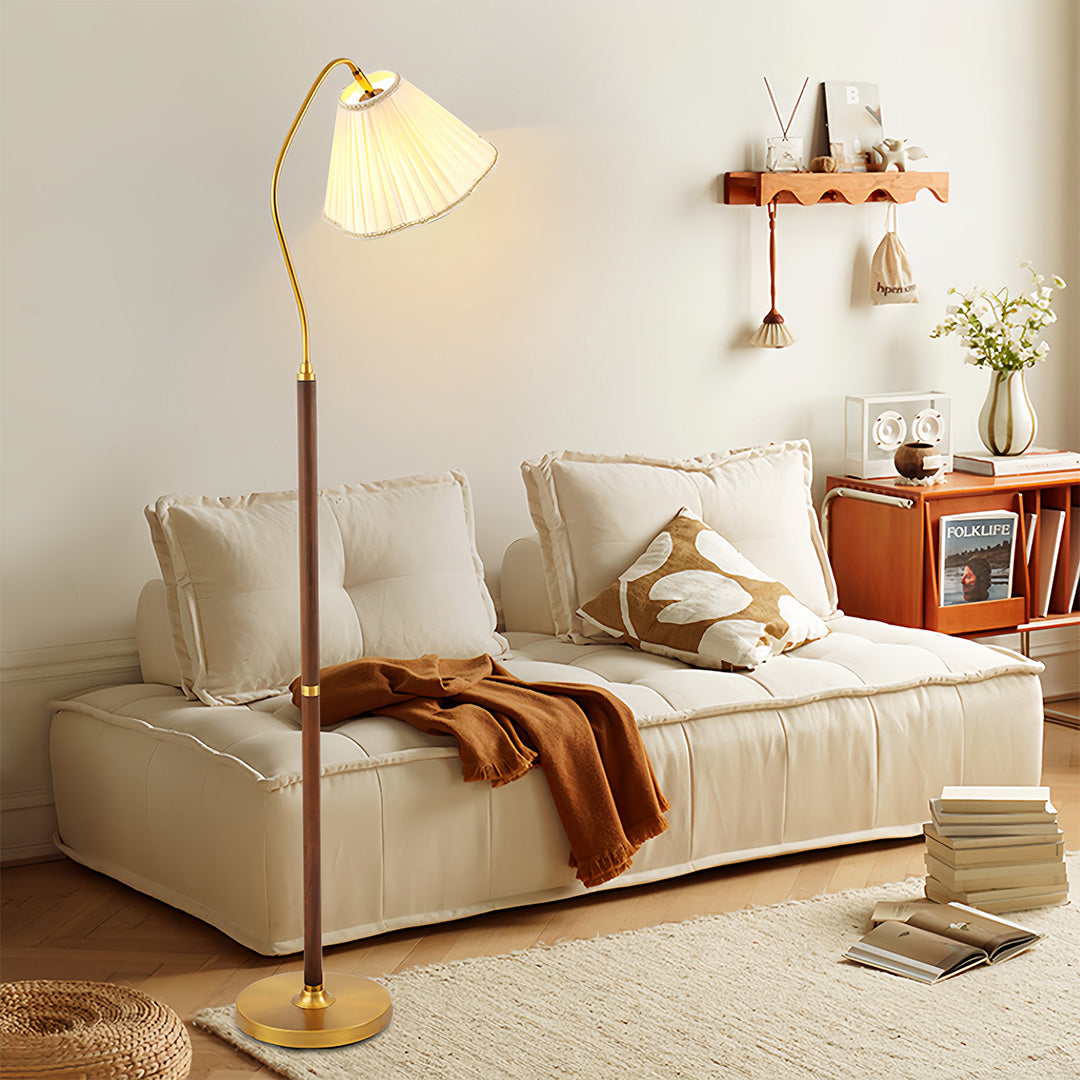 Walnut Floor Lamp with Fabric Shade – American Retro Standing Lamp for Living Room
