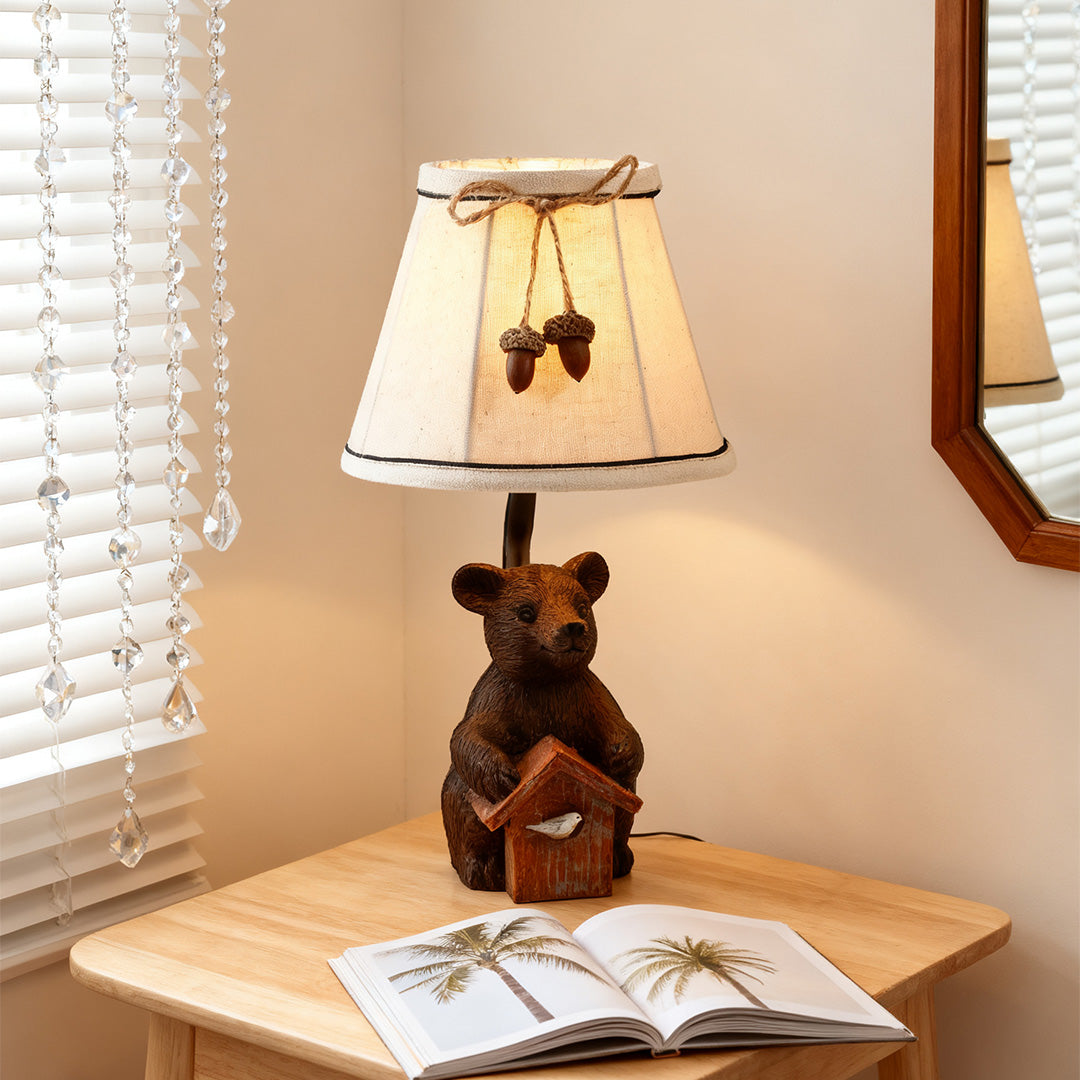 Bear Table Lamp with Fabric Shade – European Designer Resin Sculpture Light