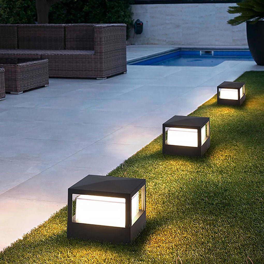Square Double-Layer LED Pier Mount Post Light in Black for Modern Courtyards