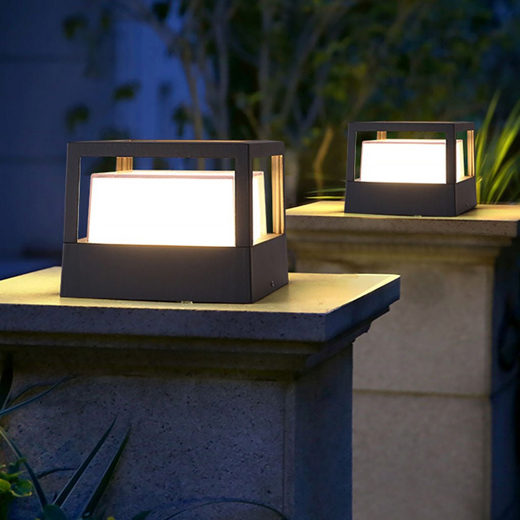 Square Double-Layer LED Pier Mount Post Light in Black for Modern Courtyards