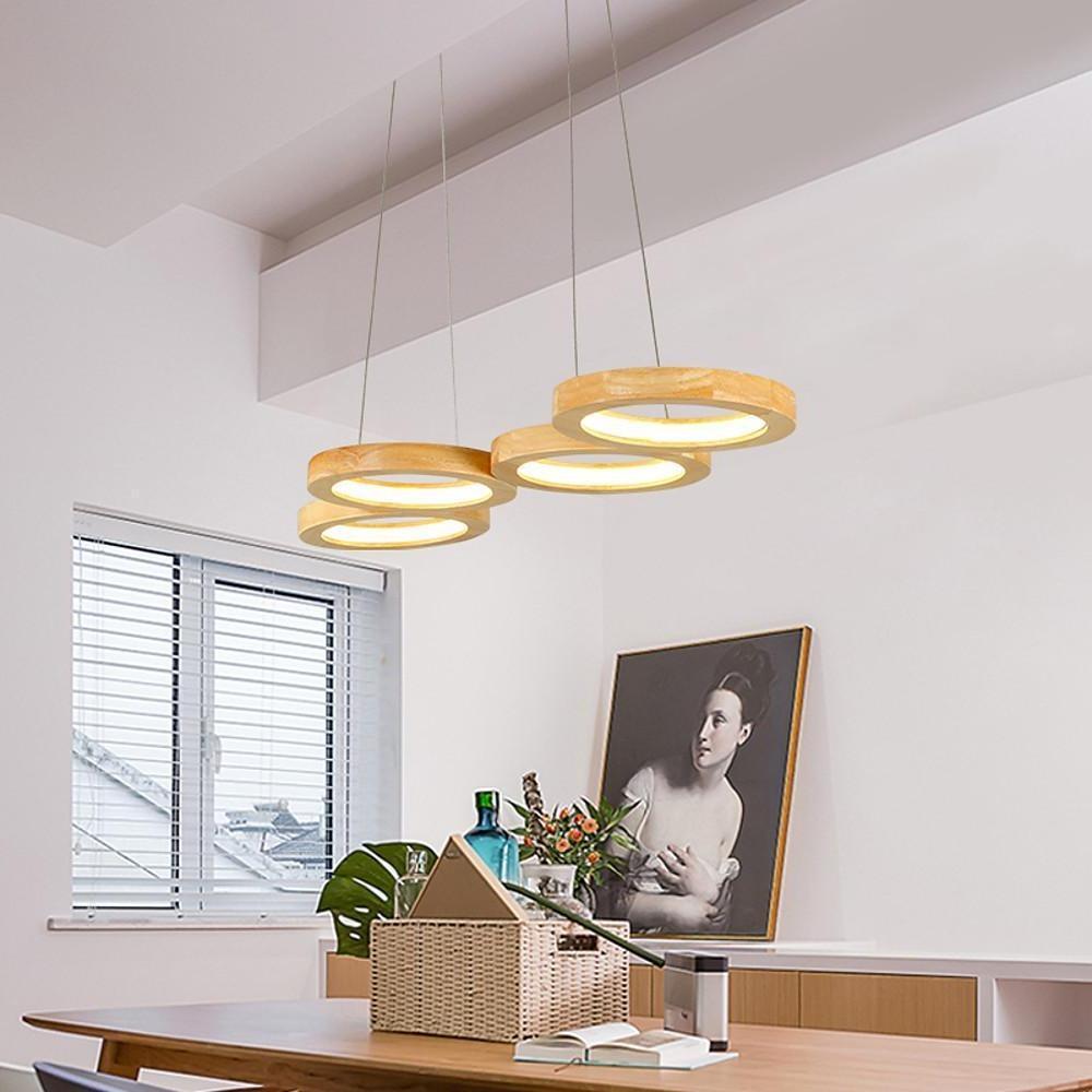Modern Wood LED Chandelier with Four Ambient Rings for Dining and Living Spaces