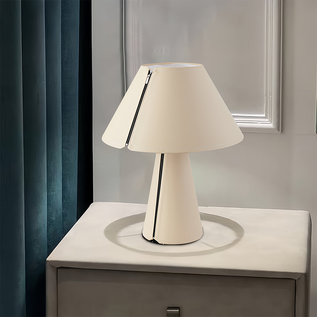 Pleated White Table Lamp with Leather Accent – Modern Bedside Lighting