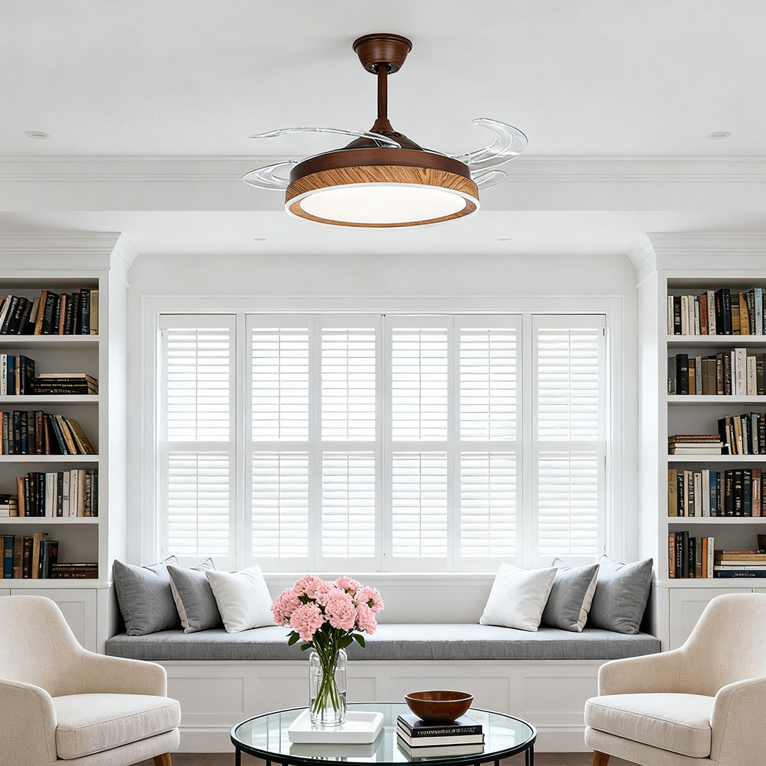 Walnut Wood Ceiling Fan with Four Lights, Silent LED Dimmable
