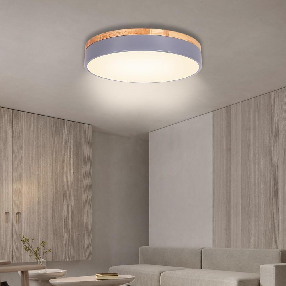 Modern Drum Flush Mount Ceiling Light with Wood Accent and LED