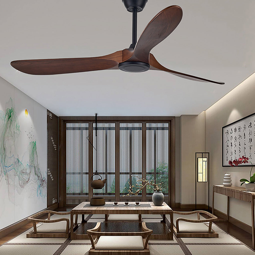 Retro Solid Wood Ceiling Fan with Dimmable LED Light and Remote Control