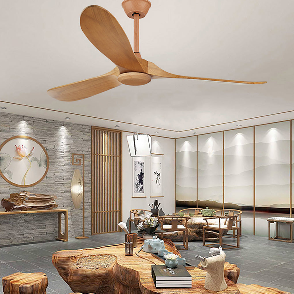 Retro Solid Wood Ceiling Fan with Dimmable LED Light and Remote Control