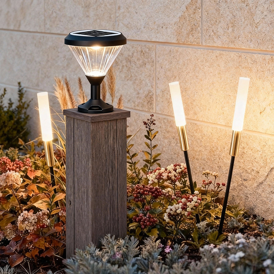 Architectural Solar Post Cap & Reed Garden Stake Lighting Set