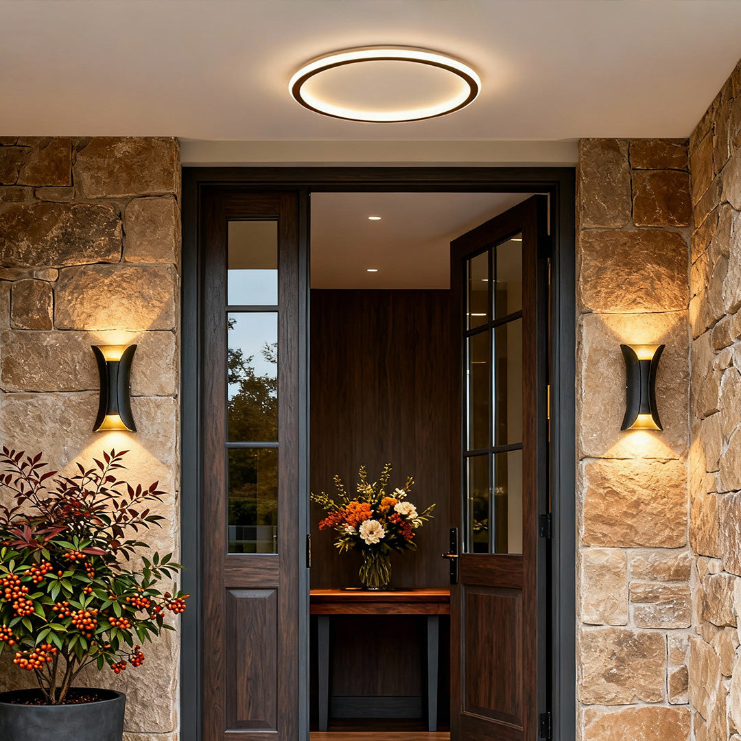 Architectural Outdoor Lighting Duo: Matte Black Flush Mount and LED Wall Sconce Set
