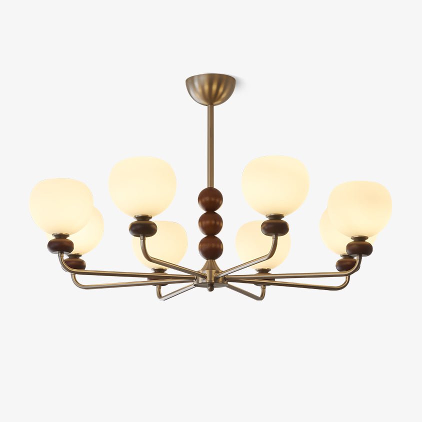 Orb Walnut Chandelier – Modern 8-Light Wood & Glass Pendant for Dining Room