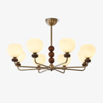 Orb Walnut Chandelier – Modern 8-Light Wood & Glass Pendant for Dining Room