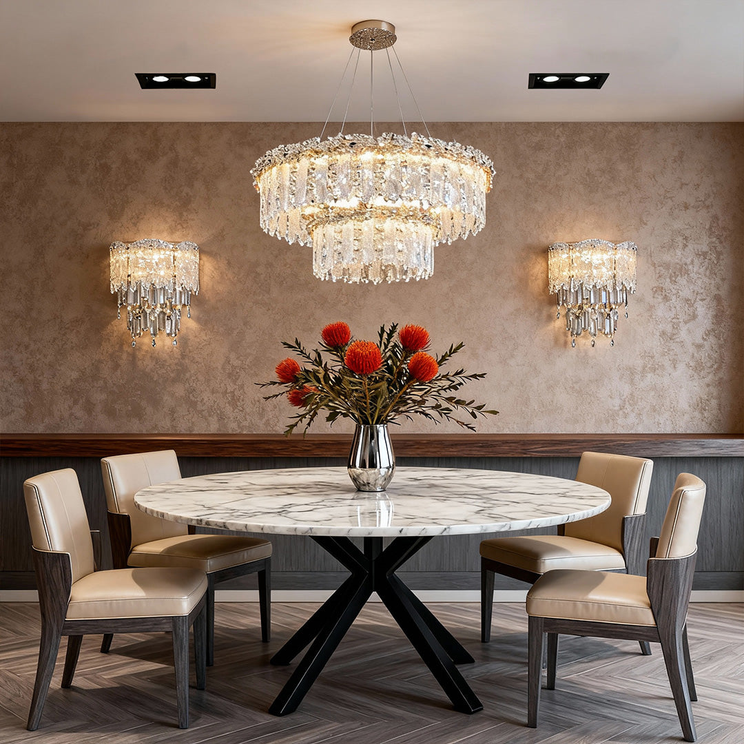 Crystal & Gold Layered Lighting Suite with Recessed Accents