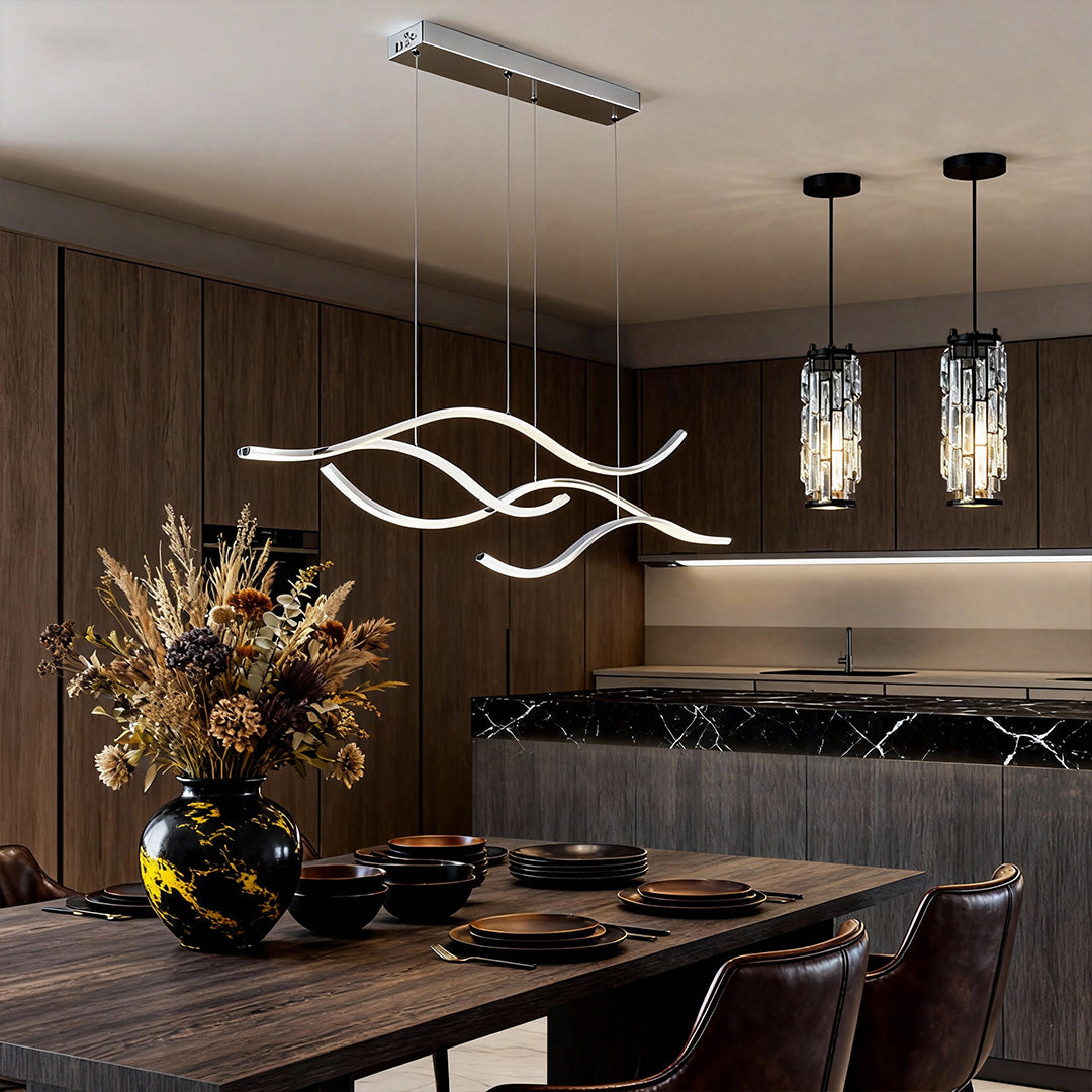 Modern Kitchen Lighting Bundle with Linear Chandelier, Crystal Pendants & Under Cabinet LED Light
