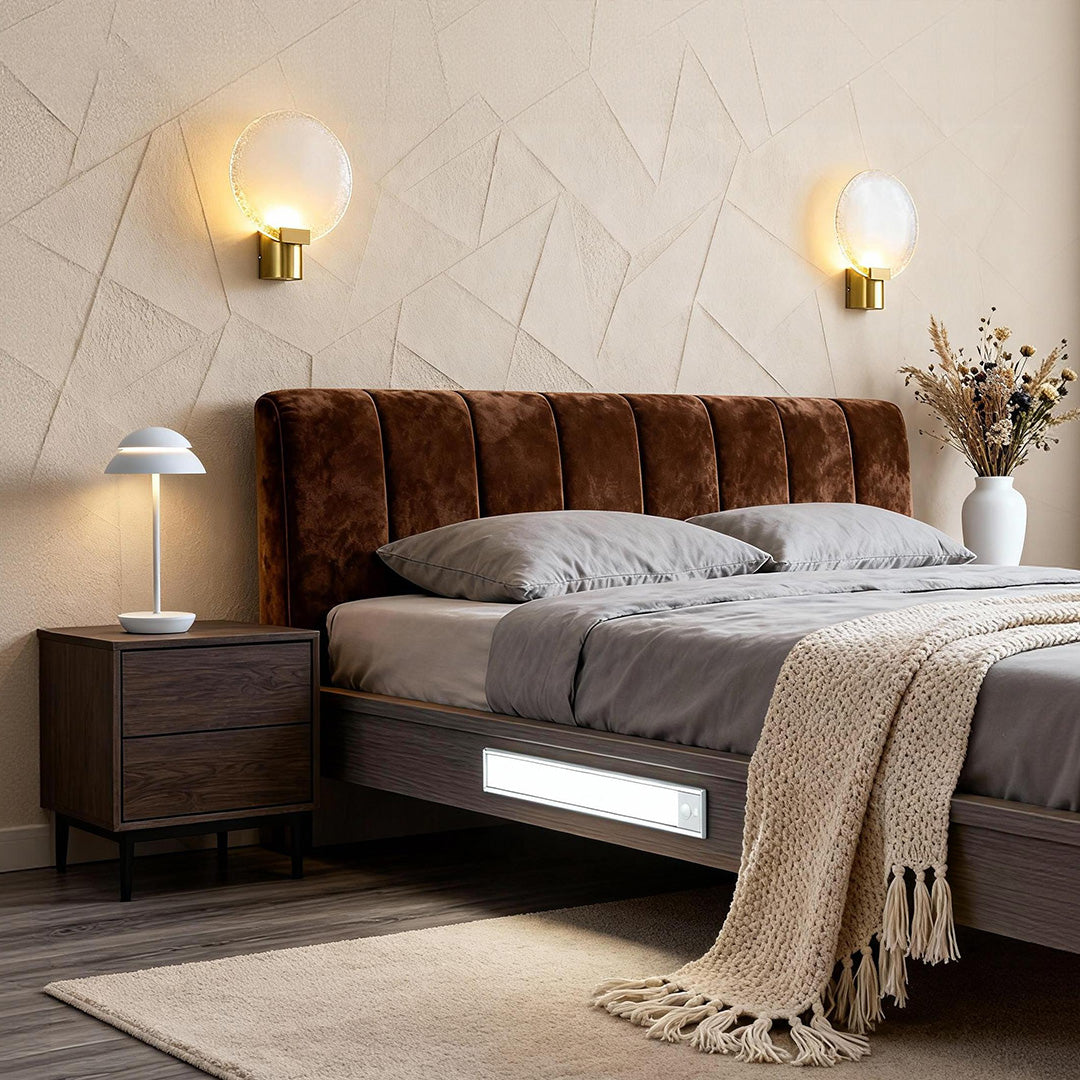 Luxury Bedroom Lighting Suite with Glass Sconces, Table Lamp & Motion Sensor Under-Bed Light