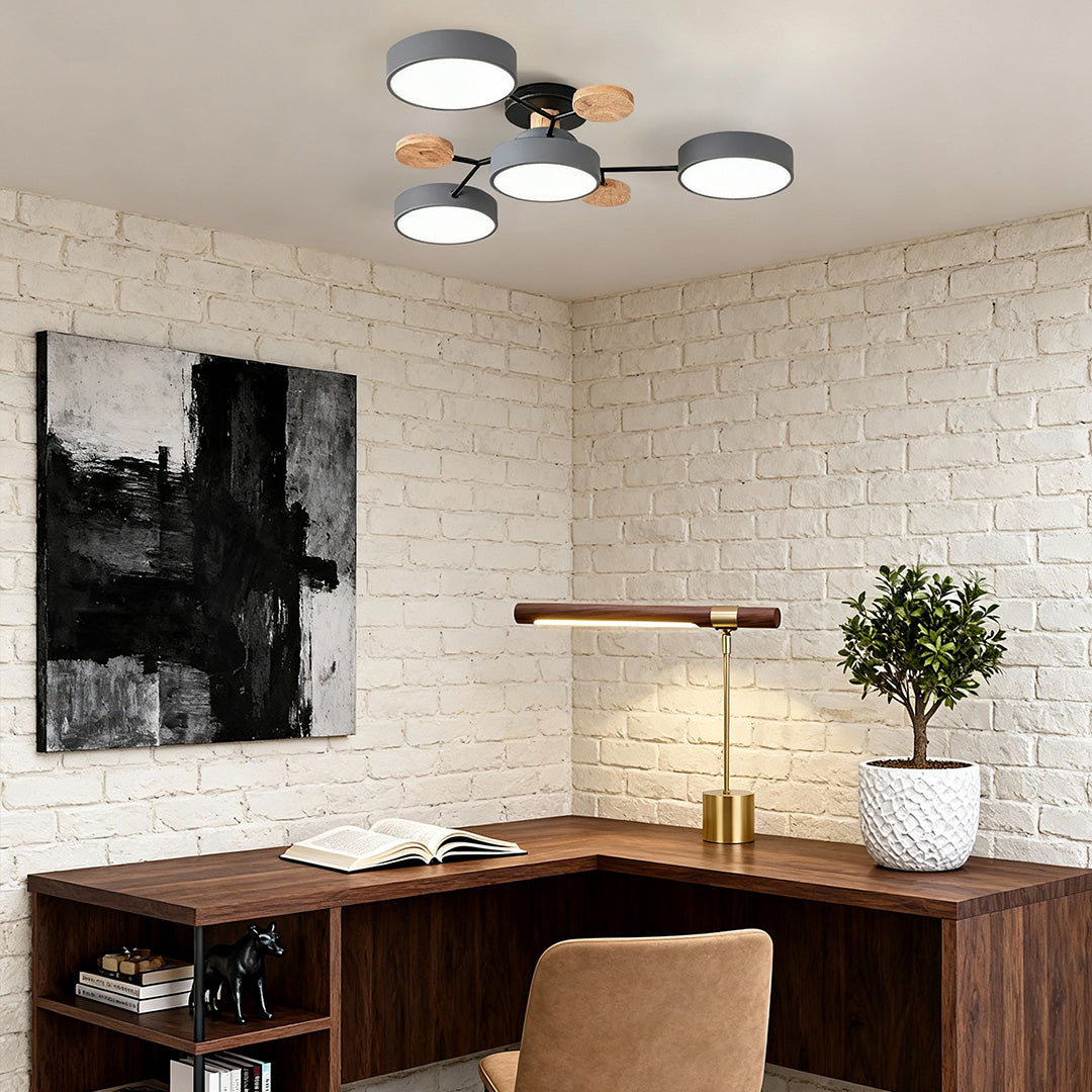 Sculptural Wood & Brass LED Study Lighting Set with Semi-Flush Mount and Desk Lamp