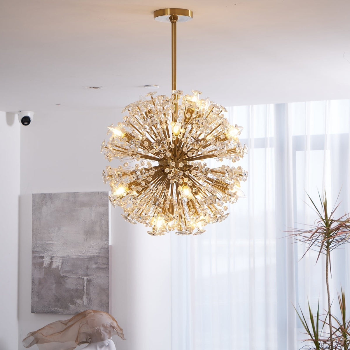 Dickinson Crystal Chandelier — Modern Gold Starburst Pendant Light for Dining Room and Foyer