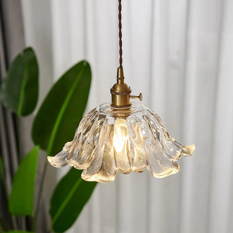 Bronze Walnut Wood Amber Patterned Glass Chandelier