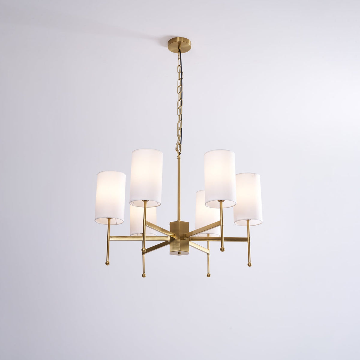 Brass Chandelier with Fabric Shades – Modern Luxury Lighting for Dining and Living Rooms