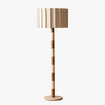 Travertine and Walnut Striped Floor Lamp with Pleated Fabric Shade