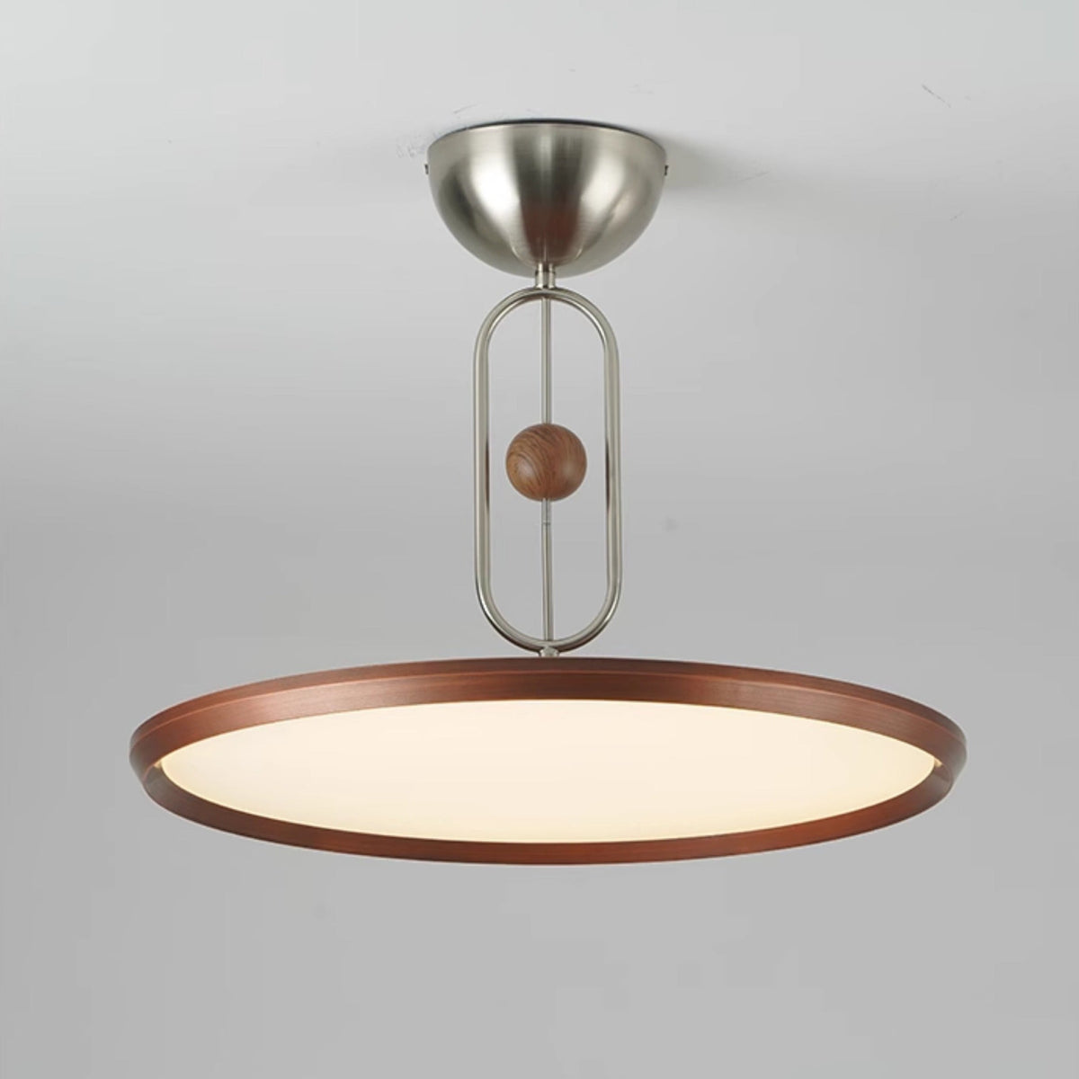 Orbito Semi Flush Ceiling Light in Walnut Wood Grain and Nickel