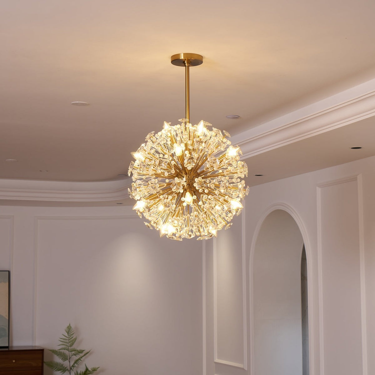 Dickinson Crystal Chandelier — Modern Gold Starburst Pendant Light for Dining Room and Foyer
