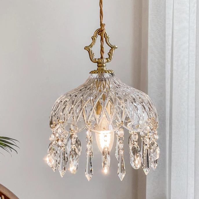 All Copper Retro Light Luxury Crystal Glass Small Pendant Lamp