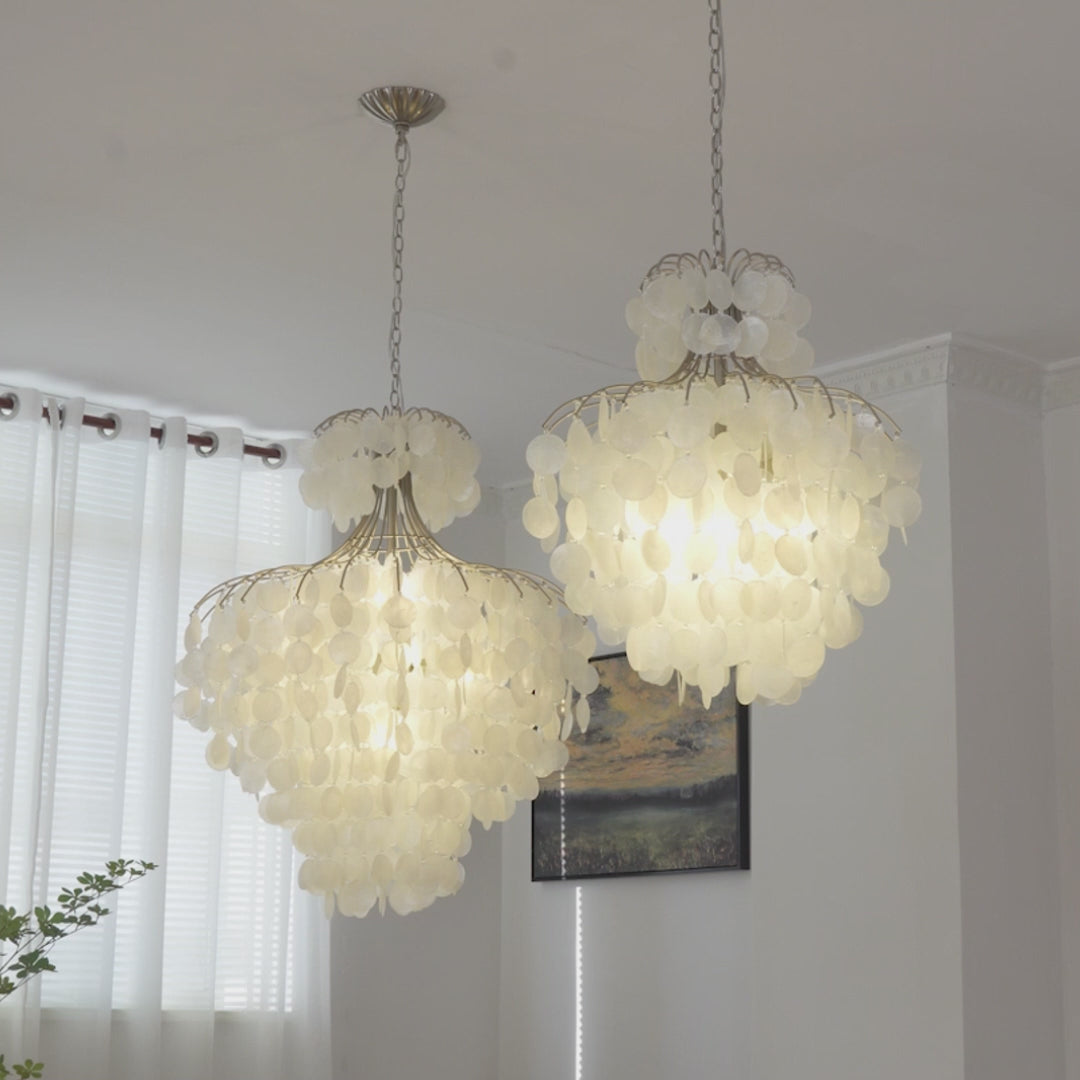 Tiered Capiz Shell Chandelier Elegant French Style Hanging Lighting