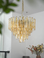 Amber Glass Chandelier with Brass Chain – Modern Luxury Lighting for Dining and Living Spaces