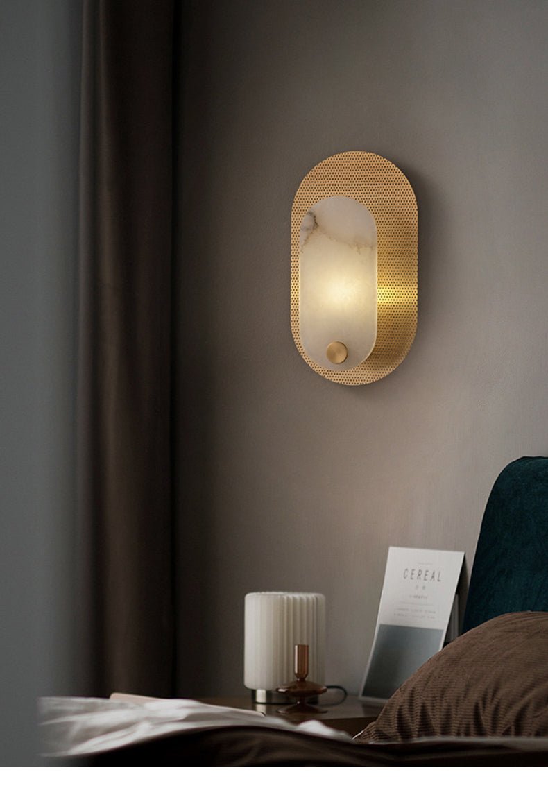 Perforated Oval Wall Sconce in Alabaster and Gold