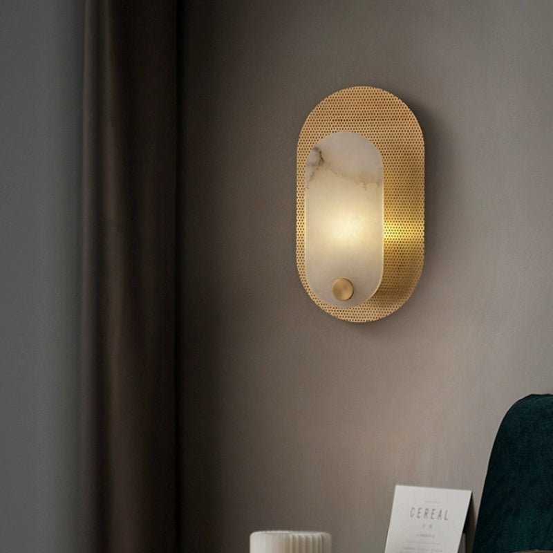 Perforated Oval Wall Sconce in Alabaster and Gold
