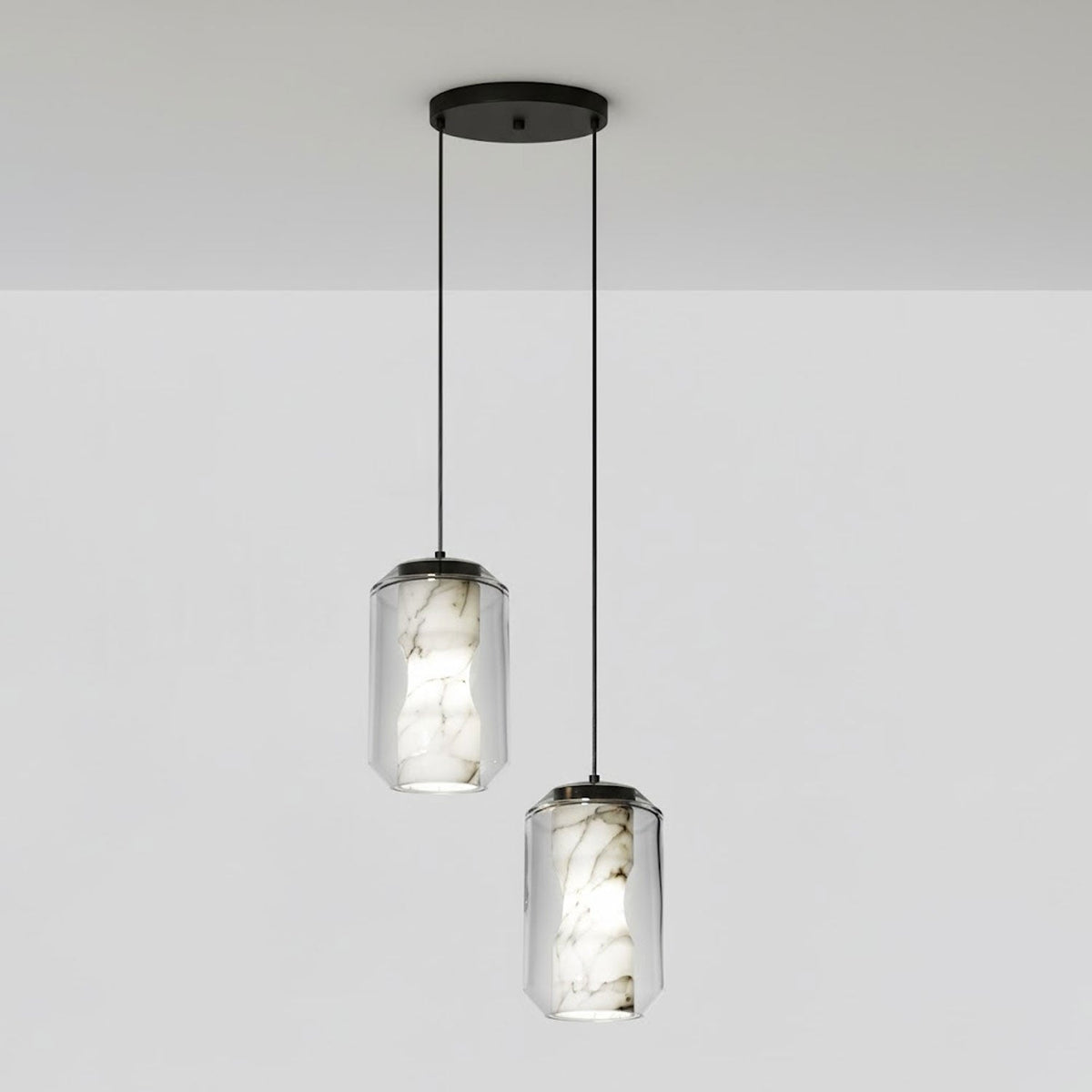 Hand-Carved Alabaster Cylinder Pendant Light in Glass Shell