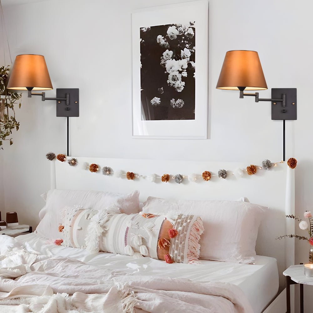 Swing Arm Wall Sconce with Fabric Shade in Black Iron