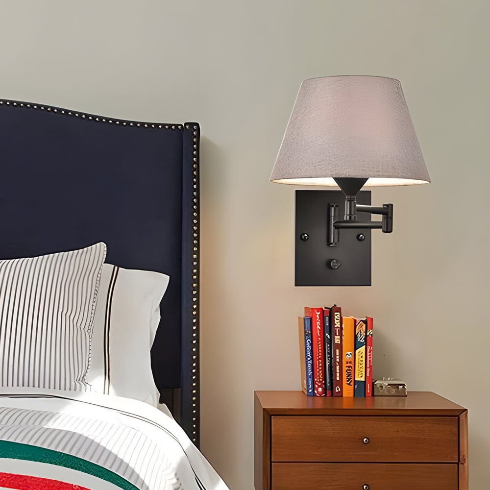 Swing Arm Wall Sconce with Fabric Shade in Black Iron