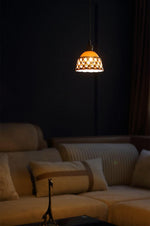 Artisan Ceramic Pendant Light with Brass Accents, Handwoven Openwork Shade