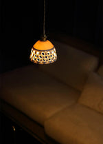 Artisan Ceramic Pendant Light with Brass Accents, Handwoven Openwork Shade