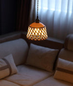 Artisan Ceramic Pendant Light with Brass Accents, Handwoven Openwork Shade
