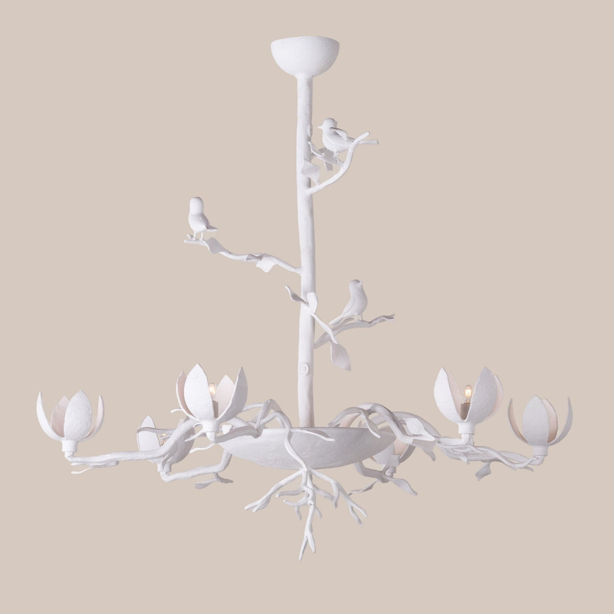 Passera Sculptural Plaster Chandelier with Birds and Tulip Shades