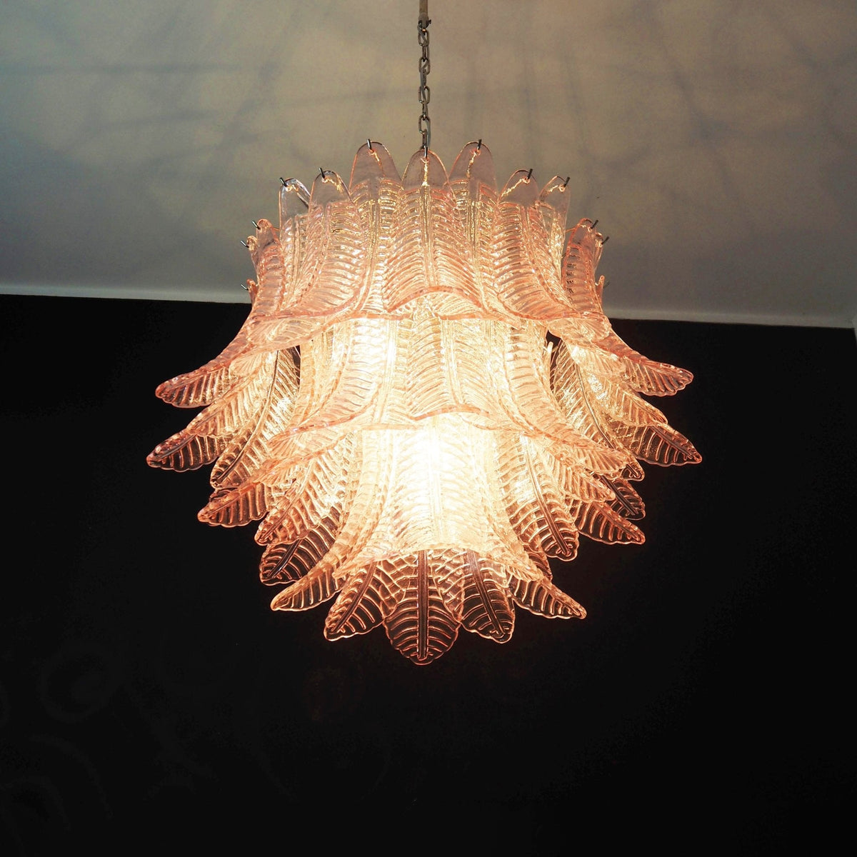 Pink Glass Leaf Chandelier – Handcrafted Designer Lighting for Elegant Interiors
