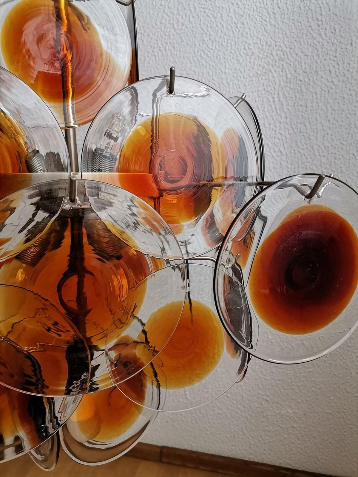 Mazzega Vistosi Style Hand-Blown Amber Glass Chandelier in Nickel