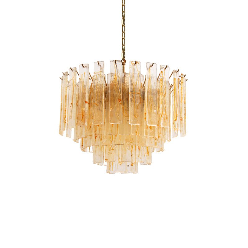 Amber Glass Chandelier with Brass Chain – Modern Luxury Lighting for Dining and Living Spaces
