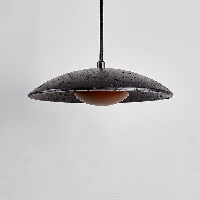 Speckled Travertine Saucer Pendant Light with Walnut Accent