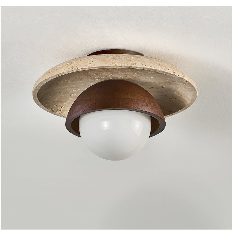 Maelis Travertine Ceiling Light – Modern Flush Mount with Wood Accents