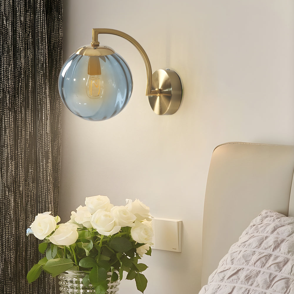 1 Light Curved Arm Wall Sconce With Ball Rib Glass Ball Shade