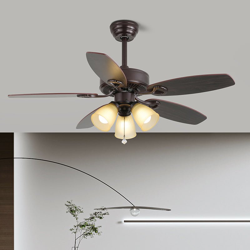 Lily Bloom Ceiling Fan Light with Wood Blades and Amber Glass