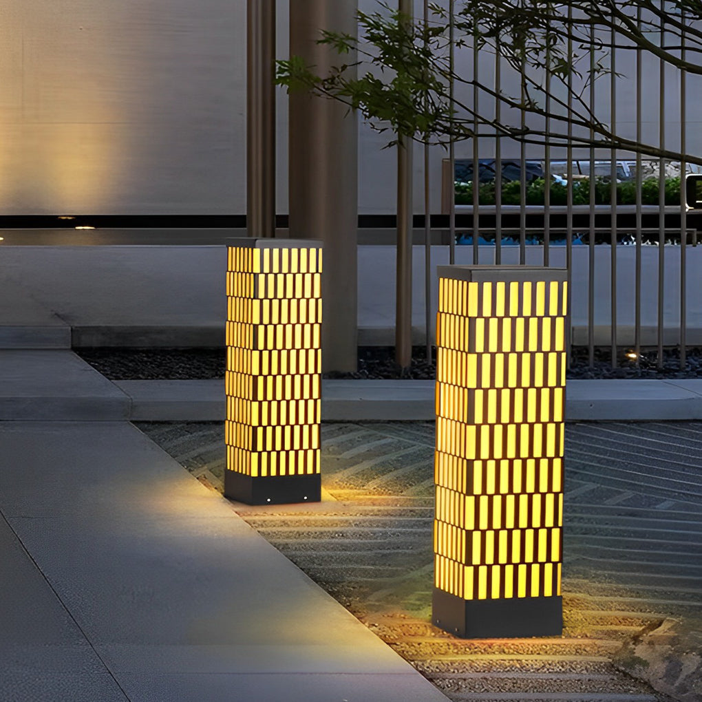 Modern Black LED Bollard Light with Grid Design for Pathways and Gardens