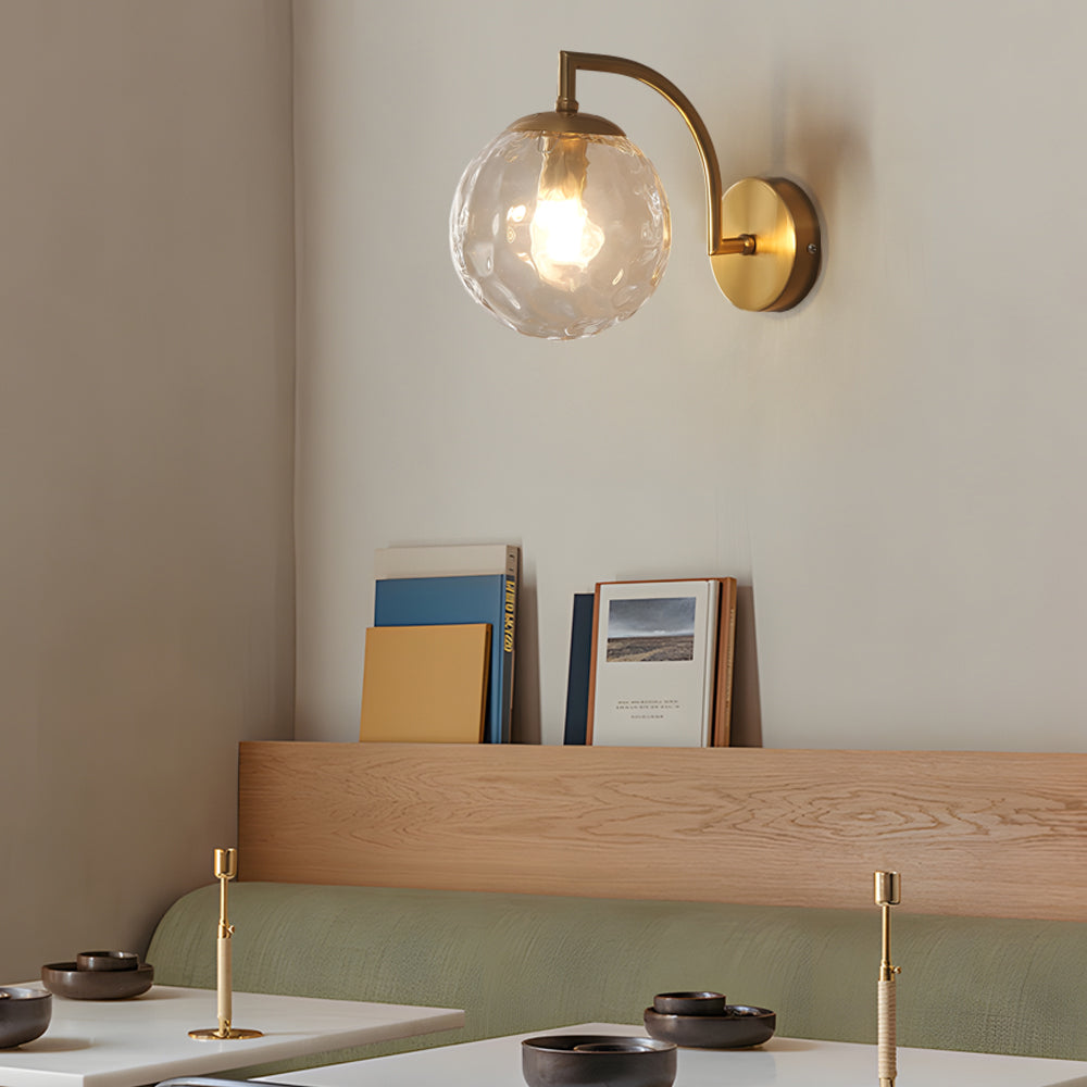 1 Light Curved Arm Wall Sconce With Ball Rib Glass Ball Shade