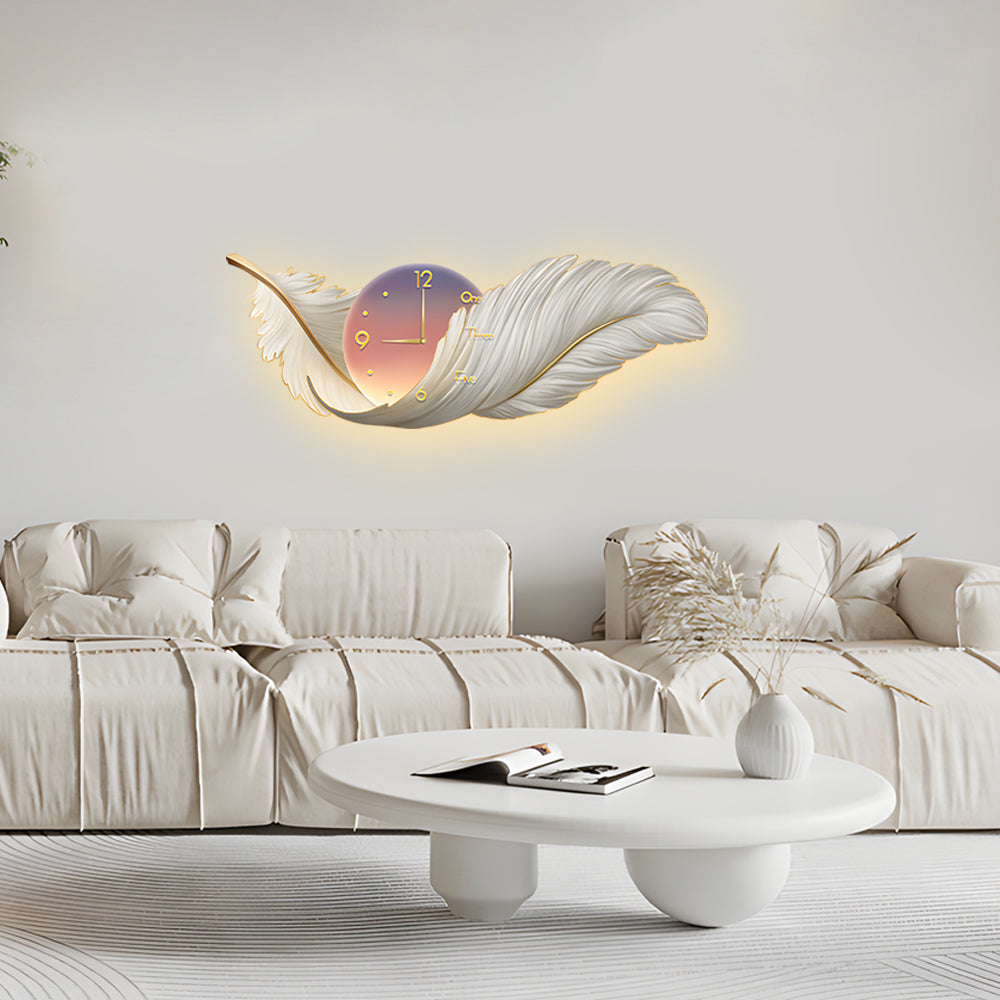 2 In 1 Wall Feather Painting Hanging Decor Led Wall Lamp Wall Clock